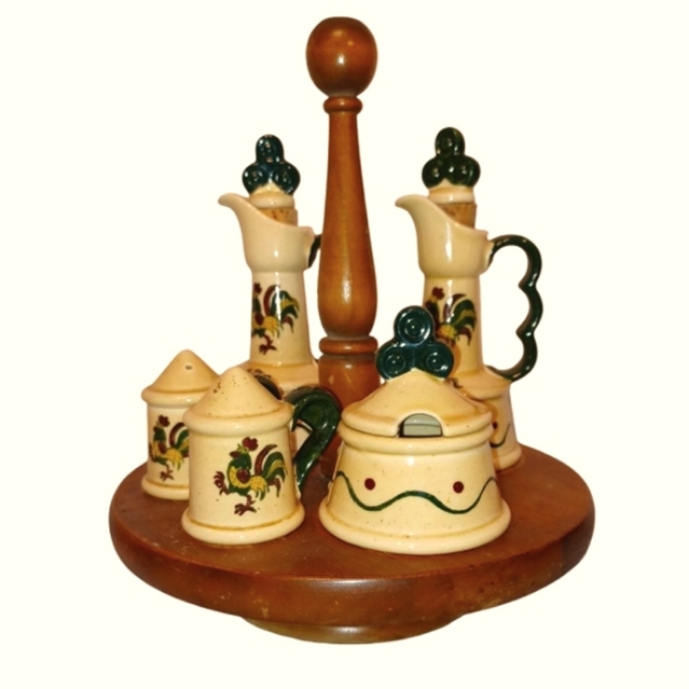 Rooster/Country Condiment Set With Stand  By Poppytrail - Metlox